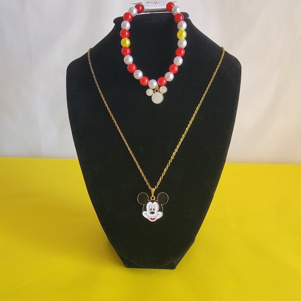 Mickey Mouse Charm Necklace & Bracelet Set & Free Tinkerbell Necklace Size M-L